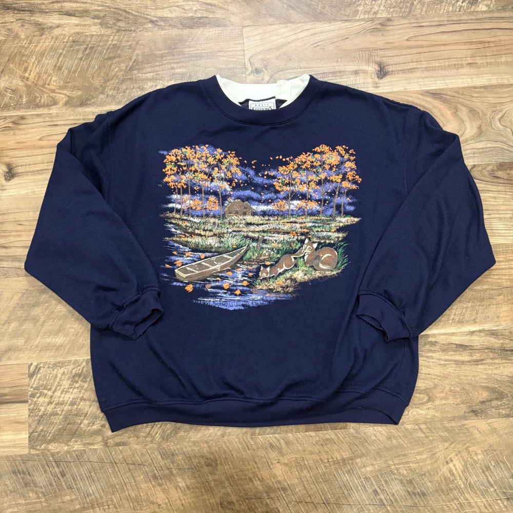 Vintage Y2K Sweatshirt 90s Nature Fox Graphic Womens M Blue Basic Editions Tee